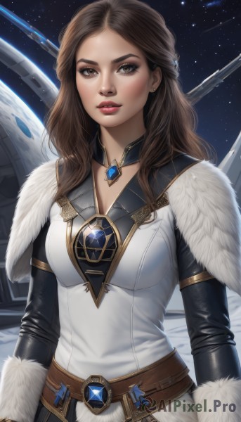 1girl,solo,long hair,breasts,looking at viewer,brown hair,long sleeves,cleavage,brown eyes,jewelry,medium breasts,upper body,sky,choker,belt,artist name,lips,fur trim,makeup,lipstick,brooch,gem,star (sky),starry sky,nose,red lips,space,planet,earrings,parted lips,necklace,realistic