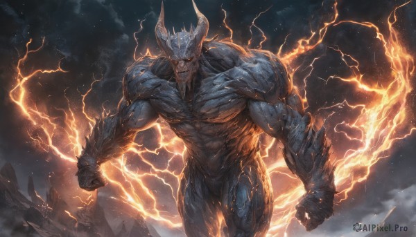 solo,looking at viewer,1boy,standing,yellow eyes,male focus,outdoors,horns,sky,teeth,cloud,no humans,muscular,glowing,colored skin,abs,muscular male,glowing eyes,clenched hands,veins,monster,rock,blue skin,electricity,giant,lightning,demon,molten rock,night,fangs,fire,star (sky),multiple horns