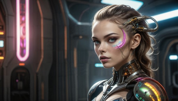 HQ,1girl,solo,long hair,looking at viewer,blue eyes,brown hair,green eyes,upper body,lips,bodysuit,makeup,headgear,facial mark,portrait,forehead,science fiction,realistic,nose,android,cable,cyborg,cyberpunk,jewelry,earrings,from side,aqua eyes,eyelashes,eyeshadow