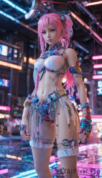 1girl,solo,long hair,breasts,looking at viewer,hair ornament,gloves,navel,bare shoulders,brown eyes,jewelry,medium breasts,standing,pink hair,fingerless gloves,blurry,lips,thigh strap,blurry background,ring,revealing clothes,science fiction,twintails,nipples,earrings,midriff,nail polish,bracelet,covered nipples,see-through,armlet,single glove,realistic