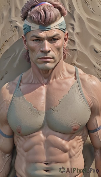 solo,looking at viewer,short hair,brown hair,1boy,navel,closed mouth,underwear,nipples,upper body,male focus,stomach,lips,torn clothes,muscular,headband,facial hair,abs,tank top,pectorals,muscular male,armband,bara,beard,large pectorals,realistic,manly,bare pectorals,torn shirt,dirty,chest hair,shirt,brown eyes,pointy ears,veins