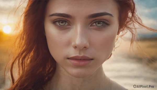 1girl,solo,long hair,looking at viewer,brown hair,closed mouth,green eyes,outdoors,sky,day,cloud,mole,blurry,lips,eyelashes,depth of field,blurry background,ocean,sunlight,portrait,close-up,freckles,realistic,nose,sun,mole on cheek,watermark,wind,mole under mouth,backlighting,sunset