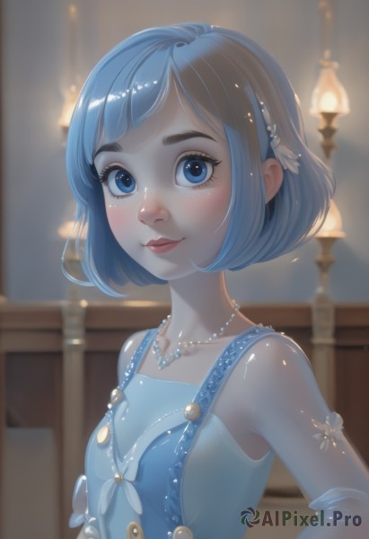 1girl,solo,looking at viewer,blush,smile,short hair,bangs,blue eyes,hair ornament,dress,bare shoulders,jewelry,closed mouth,blue hair,collarbone,upper body,sleeveless,shiny,artist name,indoors,necklace,blurry,lips,eyelashes,depth of field,blurry background,blue dress,bob cut,freckles,nose,overalls,pearl necklace,breasts,gloves,small breasts,elbow gloves,makeup