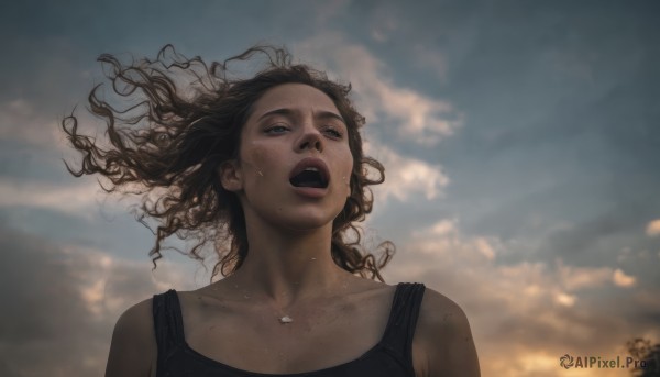 1girl,solo,long hair,open mouth,blue eyes,brown hair,black hair,bare shoulders,collarbone,upper body,sweat,outdoors,sky,teeth,cloud,dark skin,mole,dark-skinned female,lips,floating hair,upper teeth only,cloudy sky,tank top,looking up,messy hair,freckles,curly hair,realistic,nose,black tank top,very dark skin,jewelry,necklace,wind,dirty