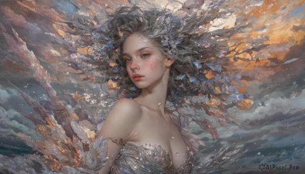 1girl,solo,long hair,breasts,looking at viewer,blue eyes,black hair,cleavage,bare shoulders,jewelry,medium breasts,collarbone,upper body,grey hair,outdoors,parted lips,sky,artist name,cloud,water,lips,grey eyes,strapless,floating hair,ocean,cloudy sky,wind,armlet,realistic,red lips,waves,hair ornament,closed mouth,wings,eyelashes,facial mark,feathers,nose