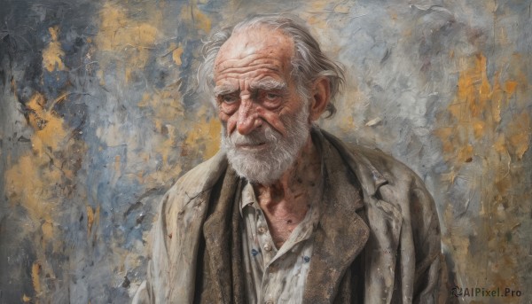 solo,looking at viewer,shirt,1boy,closed mouth,jacket,white shirt,upper body,white hair,grey hair,male focus,collared shirt,coat,facial hair,leaf,traditional media,beard,brown jacket,realistic,mustache,painting (medium),manly,old,brown coat,old man,wrinkled skin,smile,open clothes,grey eyes,dress shirt,buttons,unbuttoned,watercolor (medium),unbuttoned shirt