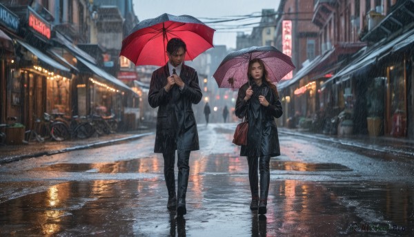 1girl, long hair, brown hair, black hair, 1boy, holding, jacket, outdoors, necktie, pants, bag, black footwear, blurry, umbrella, black pants, formal, suit, ground vehicle, building, motor vehicle, reflection, walking, rain, holding umbrella, city, realistic, car, road, street, bicycle, puddle, crosswalk