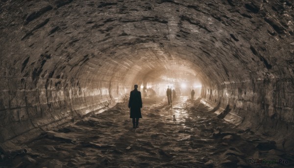 solo,1boy,standing,monochrome,water,from behind,scenery,reflection,silhouette,light,multiple others,ambiguous gender,1girl,greyscale,coat,sunlight,1other,wading,light rays,ripples