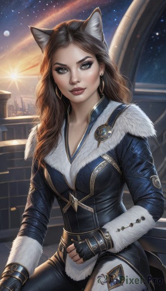 1girl,solo,long hair,breasts,looking at viewer,brown hair,gloves,animal ears,cleavage,brown eyes,jewelry,medium breasts,sitting,earrings,sky,black gloves,pants,artist name,cat ears,fingerless gloves,lips,fur trim,makeup,night,watermark,moon,star (sky),night sky,starry sky,hoop earrings,nose,sun,smile,closed mouth,outdoors,signature,black pants,wolf ears,lipstick,forehead,eyeshadow,backlighting,realistic,red lips