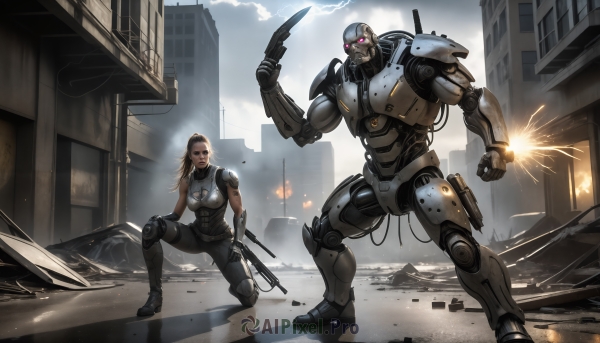 HQ,1girl,long hair,breasts,blonde hair,brown hair,gloves,1boy,holding,medium breasts,weapon,outdoors,cloud,holding weapon,armor,gun,bodysuit,glowing,robot,building,clenched hand,holding gun,mecha,rifle,handgun,science fiction,city,realistic,electricity,assault rifle,cable,one knee,ruins,cyborg,damaged,power armor,cyberpunk,looking at viewer,blue eyes,red eyes,cleavage,standing,ponytail,boots,sky,squatting,knife,ground vehicle,motor vehicle,dual wielding,fighting stance,holding knife,battle,firing