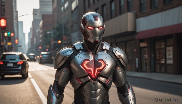 solo,red eyes,1boy,upper body,male focus,outdoors,armor,blurry,blurry background,glowing,robot,ground vehicle,building,glowing eyes,motor vehicle,science fiction,city,car,road,street,power armor,humanoid robot,traffic light,looking at viewer,mask,helmet,realistic,superhero,neon trim