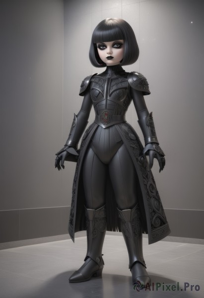 1girl,solo,looking at viewer,short hair,bangs,black hair,gloves,closed mouth,standing,full body,boots,blunt bangs,black footwear,armor,black eyes,lips,grey eyes,bodysuit,makeup,colored skin,bob cut,knee boots,lipstick,shoulder armor,gauntlets,pale skin,pauldrons,breastplate,vambraces,armored boots,waist cape,gothic,black armor,black lips,black gloves,pants,artist name,black pants,arms at sides,greaves,faulds,knight