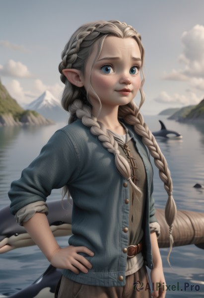 1girl,solo,long hair,looking at viewer,blush,smile,blue eyes,brown hair,shirt,jewelry,closed mouth,jacket,tail,braid,outdoors,open clothes,sky,day,pointy ears,belt,cloud,water,necklace,blurry,twin braids,lips,hand on hip,blurry background,ocean,blue jacket,elf,hair over shoulder,forehead,freckles,mountain,realistic,brown belt,river,lake,denim jacket,breasts,grey hair,crown braid,fish tail,shark tail