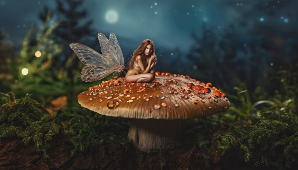 1girl,solo,long hair,breasts,brown hair,sitting,flower,nude,outdoors,wings,sky,barefoot,blurry,tree,night,depth of field,leaf,moon,grass,bug,plant,nature,night sky,full moon,forest,minigirl,fairy wings,fairy,mushroom,medium breasts,completely nude,butterfly,realistic