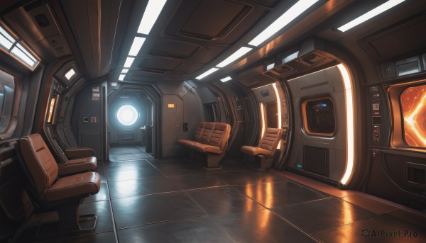 indoors,no humans,window,fire,scenery,reflection,science fiction,tiles,light,tile floor,cockpit,reflective floor,seat,glowing,robot,mecha,close-up,1other,machinery,realistic,spacesuit,screen