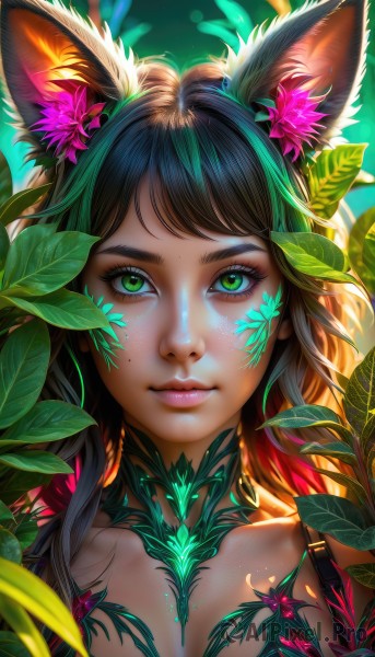 1girl,solo,long hair,breasts,looking at viewer,smile,bangs,brown hair,black hair,hair ornament,animal ears,cleavage,closed mouth,green eyes,collarbone,upper body,flower,multicolored hair,artist name,cat ears,hair flower,dark skin,mole,dark-skinned female,lips,animal ear fluff,fox ears,eyelashes,mole under eye,makeup,glowing,leaf,watermark,facial mark,plant,lipstick,slit pupils,portrait,web address,close-up,eyeshadow,freckles,pink lips,realistic,nose,eyeliner,mascara,green hair,mole under mouth