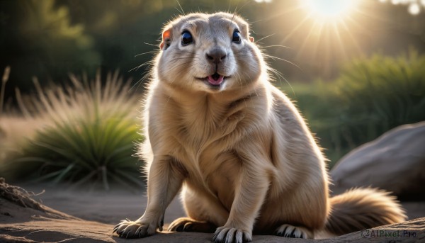 HQ,solo,open mouth,blue eyes,full body,outdoors,day,signature,blurry,tree,no humans,depth of field,blurry background,animal,sunlight,cat,plant,nature,claws,rock,realistic,sun,animal focus,whiskers,looking at viewer,sitting,standing,pokemon (creature),grass