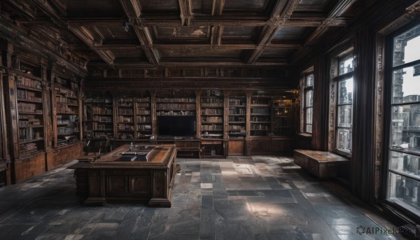 day,indoors,cup,book,no humans,window,chair,table,sunlight,scenery,light rays,wooden floor,stairs,door,bookshelf,tiles,lamp,candle,architecture,tile floor,shelf,book stack,library,ceiling,chandelier,desk