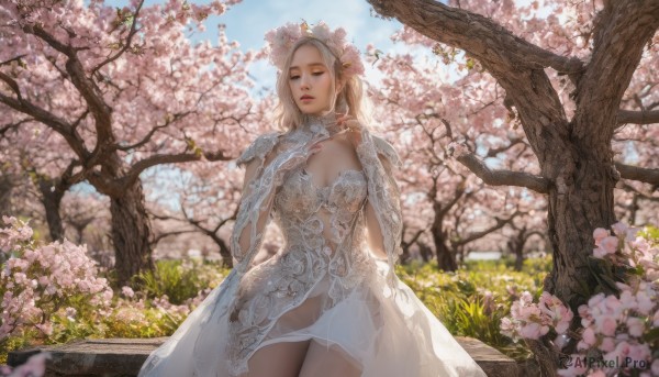 1girl, solo, long hair, breasts, blonde hair, hair ornament, dress, cleavage, medium breasts, standing, closed eyes, flower, cowboy shot, outdoors, parted lips, sky, day, hair flower, white dress, blurry, tree, blue sky, lips, see-through, grass, cherry blossoms, pink flower, realistic