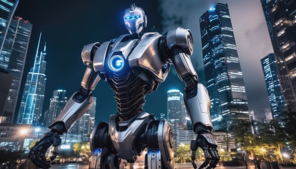 solo,blue eyes,standing,outdoors,sky,no humans,night,glowing,fire,robot,building,mecha,glowing eyes,science fiction,city,cityscape,skyscraper,open hands,city lights,lights,night sky