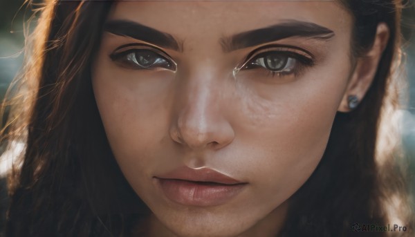 1girl,solo,long hair,looking at viewer,brown hair,black hair,brown eyes,jewelry,closed mouth,braid,earrings,blurry,lips,eyelashes,blurry background,thick eyebrows,portrait,close-up,freckles,realistic,nose,green eyes