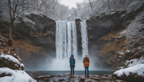 multiple girls, brown hair, long sleeves, hat, 2girls, blue hair, standing, jacket, pantyhose, boots, outdoors, pants, water, bag, from behind, scarf, tree, coat, black pants, blue jacket, nature, scenery, snow, hands in pockets, beanie, winter clothes, wide shot, winter, blue coat, waterfall, orange jacket