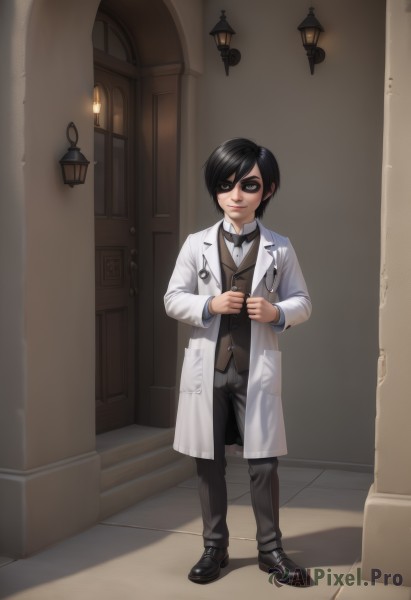 solo,looking at viewer,smile,black hair,1boy,bow,standing,full body,male focus,shoes,pants,indoors,bowtie,black eyes,vest,mask,door,labcoat,candle,stethoscope,1girl,short hair,artist name,black footwear,lips,watermark,black pants,lamp,domino mask,doctor