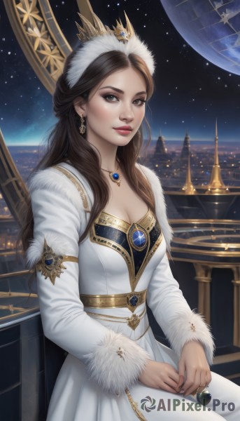 1girl,solo,long hair,breasts,looking at viewer,smile,brown hair,long sleeves,dress,cleavage,brown eyes,jewelry,medium breasts,sitting,earrings,sky,necklace,white dress,lips,coat,fur trim,makeup,night,ring,tiara,crown,gem,star (sky),night sky,pendant,starry sky,gold trim,city,white coat,cityscape,space,planet,earth (planet),realistic