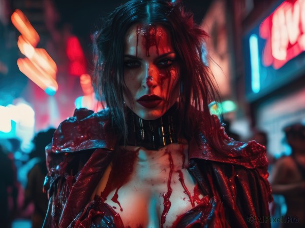 1girl,solo,long hair,breasts,looking at viewer,large breasts,black hair,hair ornament,cleavage,medium breasts,closed mouth,upper body,flower,solo focus,hair flower,blurry,black eyes,lips,blood,makeup,blurry background,science fiction,blood on face,realistic,nose,red lips,cyberpunk,neon lights,short hair,underwear,collarbone,jacket,outdoors,open clothes,choker,bra,open jacket,wet,night,depth of field,lipstick,freckles,rain,injury,blood on clothes,city lights