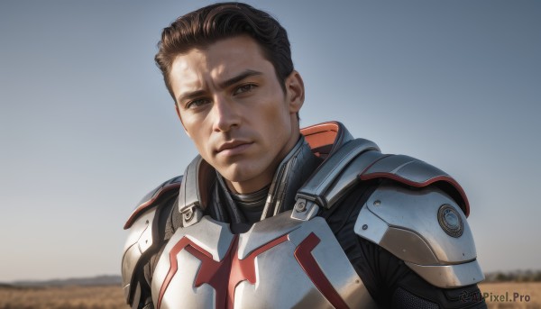 solo,looking at viewer,short hair,brown hair,1boy,brown eyes,closed mouth,upper body,male focus,outdoors,sky,day,armor,blurry,bodysuit,blurry background,facial hair,portrait,realistic,black hair,sideburns,pilot suit