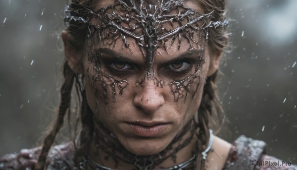 1girl,solo,long hair,looking at viewer,brown hair,brown eyes,jewelry,closed mouth,braid,choker,necklace,blurry,lips,depth of field,blurry background,portrait,snow,freckles,snowing,realistic,1boy,male focus,blood,scar,scar on face,close-up,serious,blood on face