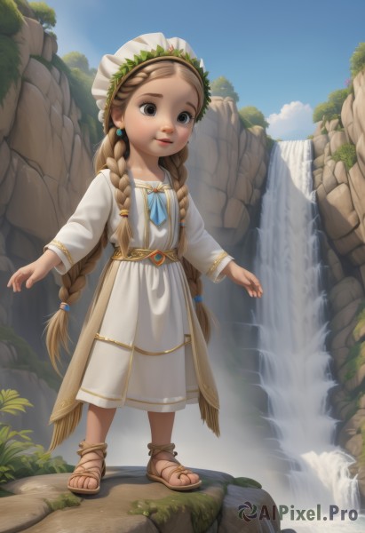 1girl,solo,long hair,smile,brown hair,long sleeves,hat,dress,brown eyes,jewelry,very long hair,standing,full body,braid,earrings,outdoors,sky,day,cloud,water,white dress,black eyes,twin braids,tree,blue sky,white headwear,sandals,child,rock,female child,waterfall,cliff,multiple braids,lips,robe