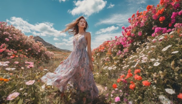 1girl, solo, long hair, breasts, brown hair, dress, standing, flower, outdoors, sky, sleeveless, day, cloud, white dress, blue sky, petals, sleeveless dress, red flower, wind, scenery, pink flower, field, flower field