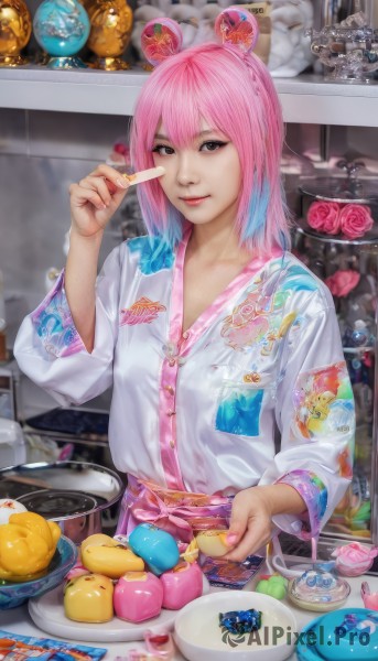 1girl,solo,looking at viewer,smile,bangs,shirt,long sleeves,holding,hair between eyes,closed mouth,blue hair,white shirt,upper body,pink hair,flower,multicolored hair,food,indoors,medium hair,nail polish,black eyes,apron,two-tone hair,lips,grey eyes,gradient hair,makeup,rose,holding food,lipstick,candy,pink flower,pink nails,plate,cake,realistic,cookie,kitchen,jar,macaron,sweets,short hair,animal ears,brown eyes,watermark,zipper