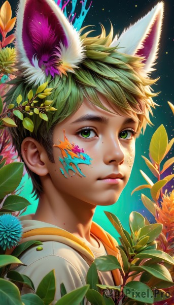 solo,looking at viewer,short hair,bangs,1boy,animal ears,closed mouth,green eyes,upper body,flower,male focus,green hair,artist name,hood,lips,animal ear fluff,fox ears,eyelashes,hoodie,leaf,plant,portrait,extra ears,freckles,realistic,nose,facepaint,paint splatter,paint,fox boy,paint splatter on face,shirt,white shirt,watermark,star (sky),web address,male child,dirty