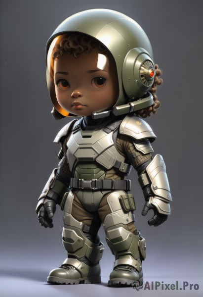 1girl,solo,looking at viewer,brown hair,1boy,brown eyes,standing,full body,male focus,boots,dark skin,grey background,chibi,armor,dark-skinned female,lips,dark-skinned male,helmet,shoulder armor,gauntlets,child,curly hair,pauldrons,breastplate,animification,greaves,very dark skin,dreadlocks,chainmail,gloves,closed mouth,shadow,forehead,realistic,arms at sides,armored boots,full armor,spacesuit,astronaut