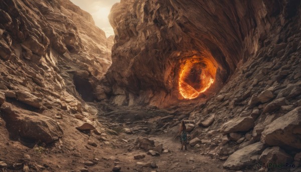 solo,long hair,brown hair,1boy,holding,standing,weapon,male focus,outdoors,pants,sword,from behind,scenery,1other,rock,mountain,facing away,wide shot,ambiguous gender,cave,stone,molten rock,sky