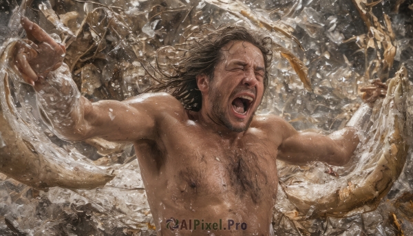 solo,long hair,open mouth,brown hair,black hair,1boy,closed eyes,upper body,male focus,teeth,water,wet,muscular,facial hair,scar,outstretched arms,beard,topless male,realistic,manly,splashing,chest hair,armpit hair,armpits,parody,falling,shouting,arm hair,screaming,body hair