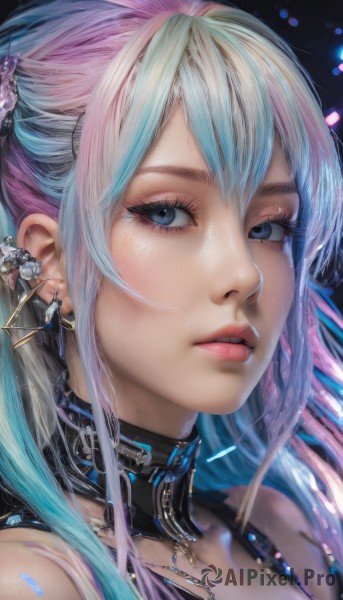 1girl,solo,long hair,looking at viewer,bangs,blue eyes,hair ornament,bare shoulders,jewelry,blue hair,pink hair,multicolored hair,earrings,parted lips,choker,necklace,collar,two-tone hair,lips,eyelashes,aqua hair,gradient hair,makeup,piercing,lipstick,ear piercing,portrait,close-up,eyeshadow,realistic,nose,red lips,mascara,hair between eyes,sidelocks