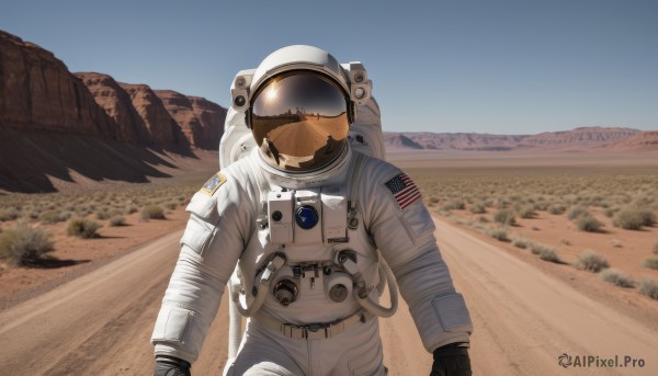 1girl,solo,gloves,upper body,outdoors,sky,day,blue sky,helmet,scenery,1other,science fiction,mountain,realistic,ambiguous gender,american flag,spacesuit,desert,japanese flag,space helmet,astronaut,1boy,male focus,black gloves,blurry,blurry background,sand,planet,photo background,united states