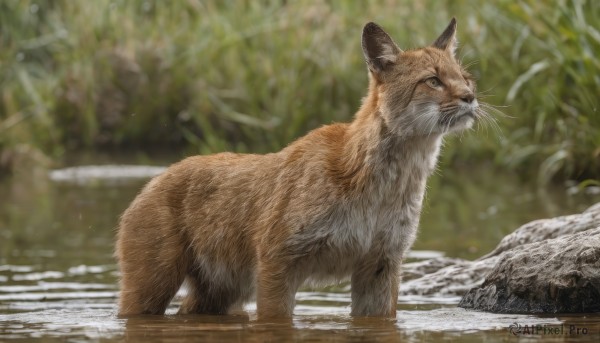 solo,closed mouth,outdoors,day,water,blurry,from side,no humans,depth of field,blurry background,animal,cat,nature,partially submerged,rock,realistic,animal focus,whiskers