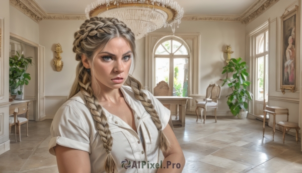 1girl,solo,long hair,breasts,looking at viewer,brown hair,shirt,brown eyes,sitting,white shirt,upper body,braid,short sleeves,small breasts,parted lips,day,collared shirt,indoors,twin braids,lips,grey eyes,window,dress shirt,buttons,chair,table,sunlight,plant,hair over shoulder,pocket,mirror,realistic,nose,unbuttoned,tiles,potted plant,breast pocket,tile floor,partially unbuttoned,picture frame,unbuttoned shirt,statue,painting (object),portrait (object),blue eyes,blonde hair,cleavage,medium breasts,collarbone,freckles,crown braid