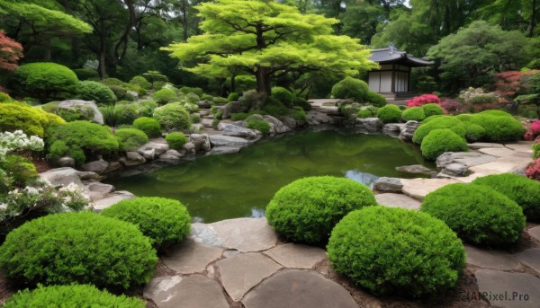 flower,outdoors,day,water,tree,no humans,grass,plant,nature,scenery,forest,rock,road,bush,architecture,east asian architecture,river,path,stone,pond,stone lantern,building,moss,garden