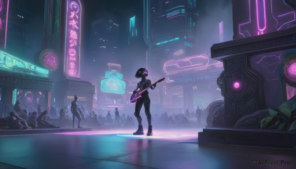 1girl,short hair,multiple girls,black hair,hat,holding,standing,full body,weapon,boots,outdoors,multiple boys,solo focus,pants,fingerless gloves,from behind,black footwear,english text,gun,bodysuit,night,glowing,bird,black pants,robot,building,instrument,scenery,science fiction,6+boys,city,sign,music,guitar,multiple others,playing instrument,holding instrument,electric guitar,crowd,neon trim,cyberpunk,neon lights,people,holographic interface,6+others,concert,hologram,gloves,jacket,ponytail,shoes,helmet,cityscape,wide shot,skyscraper,stage,speaker,city lights