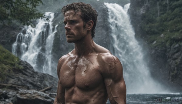 solo, short hair, black hair, 1boy, nipples, upper body, male focus, outdoors, dark skin, water, tree, muscular, facial hair, scar, dark-skinned male, pectorals, muscular male, bara, realistic, stubble, manly, chest hair, waterfall