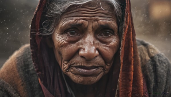 solo,looking at viewer,smile,1boy,brown eyes,white hair,grey hair,male focus,parted lips,teeth,hood,blurry,black eyes,lips,blurry background,portrait,hood up,snowing,realistic,old,old man,old woman,wrinkled skin,1girl,closed mouth,grey eyes,facial hair