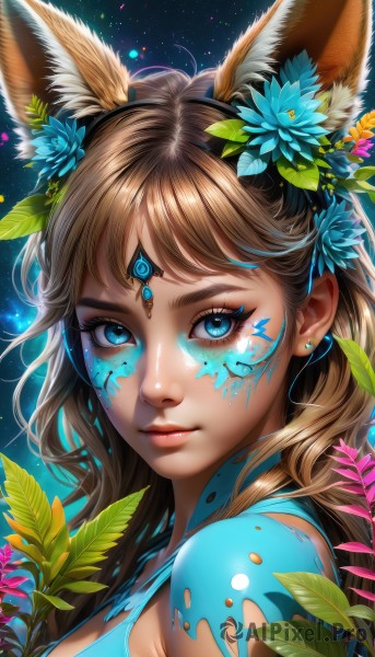 1girl,solo,long hair,breasts,looking at viewer,bangs,blue eyes,brown hair,hair ornament,animal ears,jewelry,medium breasts,closed mouth,upper body,flower,earrings,shiny,artist name,hair flower,from side,lips,animal ear fluff,fox ears,eyelashes,makeup,leaf,watermark,facial mark,piercing,plant,gem,portrait,light particles,eyeshadow,freckles,blue flower,pink lips,nose,stud earrings,eyeliner,facepaint,mascara,extra ears,bodypaint