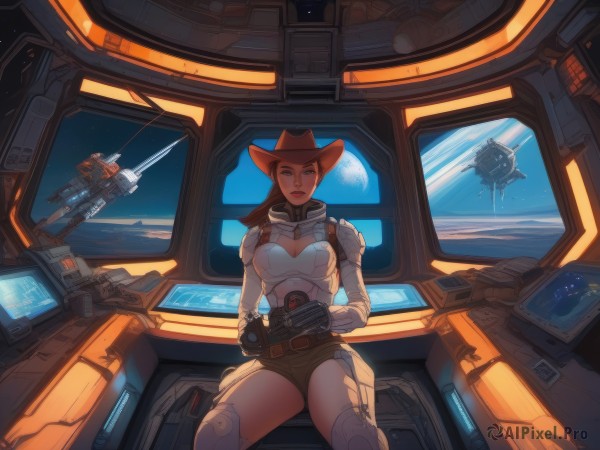 1girl,solo,long hair,breasts,looking at viewer,blue eyes,brown hair,thighhighs,gloves,hat,holding,cleavage,medium breasts,sitting,ponytail,weapon,shorts,armor,lips,gun,short shorts,clothing cutout,cleavage cutout,goggles,science fiction,red lips,space,planet,brown shorts,cowboy hat,spacecraft,goggles around neck,cockpit,window,bodysuit,makeup,lipstick,star (sky),realistic,pilot suit,alien,earth (planet),spacesuit,holographic interface,pilot