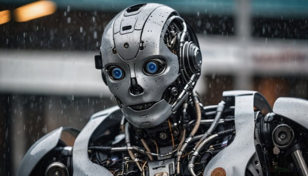 solo,blue eyes,upper body,blurry,no humans,blurry background,helmet,robot,portrait,mecha,1other,science fiction,rain,realistic,android,joints,cable,straight-on,looking ahead,robot joints,cyberpunk,humanoid robot,1boy,depth of field,close-up,machinery,cyborg,lights,mechanical parts