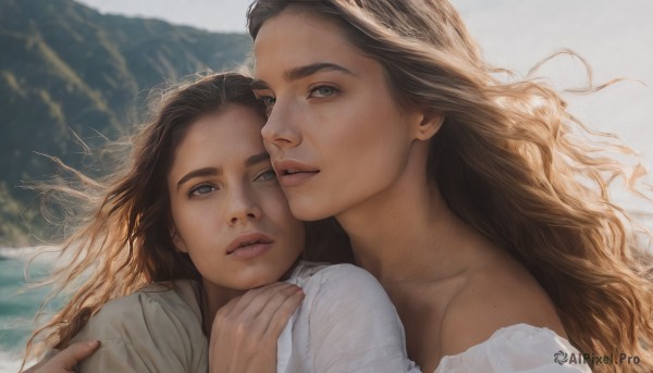 long hair,looking at viewer,blue eyes,multiple girls,blonde hair,brown hair,shirt,1boy,dress,2girls,bare shoulders,collarbone,white shirt,upper body,outdoors,parted lips,white dress,blurry,lips,grey eyes,hug,blurry background,siblings,wavy hair,sisters,child,freckles,twins,mountain,realistic,brown eyes,sky,teeth,day,dark skin,water,yuri,tree,floating hair,ocean,beach,sunlight,wind,portrait,hug from behind